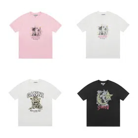 GANNI New Cartoon Print Crew Neck Loose Short Sleeve T-Shirt-6376  